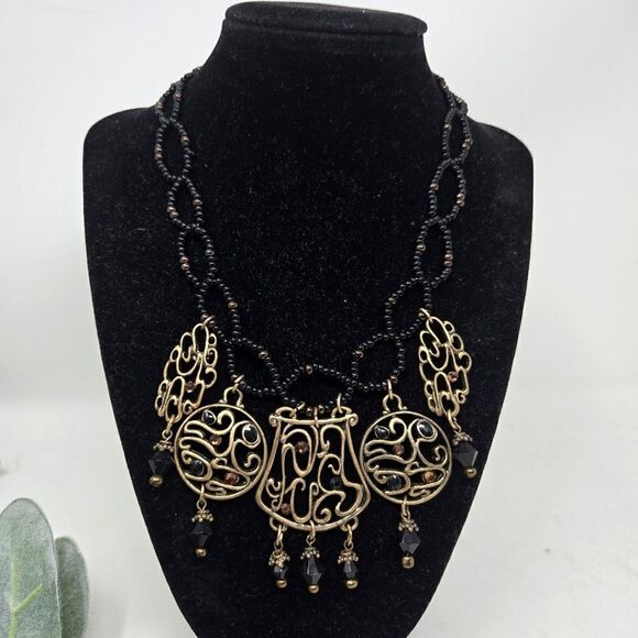 CHICO'S Gold Black Beaded Bohemian Boho Seed Bed Pendant Necklace - Picture 1 of 5